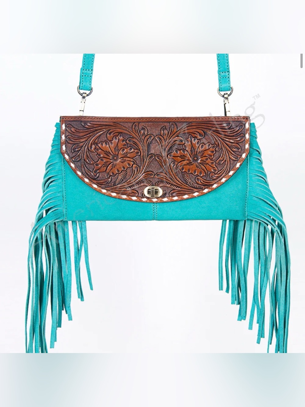 Western Bag Turquoise Fringe Crossbody Bag with Tooled Brown Flap